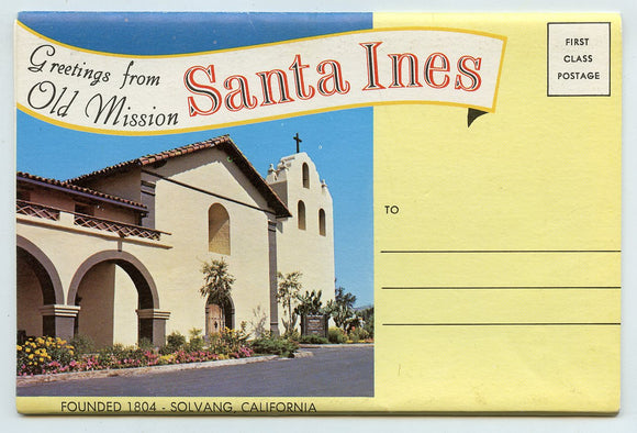 Greetings from Old Mission Santa Ines, Solvang, CA Souvenir Folder [Postcard]