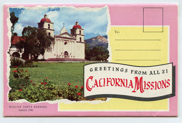 Greetings from All 21 California Missions, CA Souvenir Folder [Postcard]