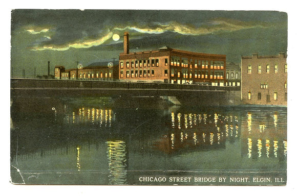 Chicago Street Bridge by Night, Elgin, IL [Postcard]