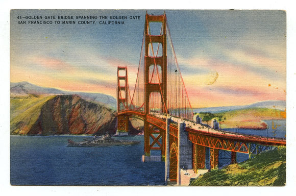Golden Gate Bridge Spanning the Golden Gate, San Francisco to Marin County, CA [Postcard]