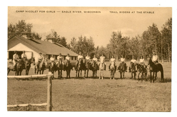 Trail Riders at the Stable, Camp Nicolet for Girls, Eagle River, WI [Postcard]