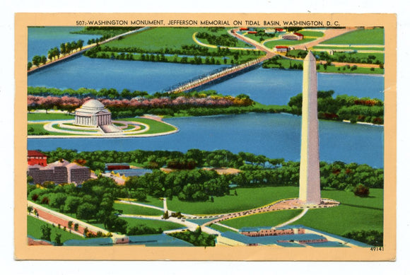 Washington Monument, Jefferson Memorial, on Tidal Basin, Washington, DC [Postcard]