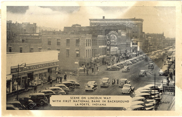 Scene on Lincoln Way, With First National Bank in Background, La Porte, IN - Carey's Emporium