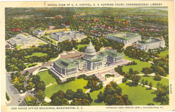 Aerial View of U. S. Capitol, U. S. Supreme Court, Congressional Library and House Office Buildings, Washington, DC - Carey's Emporium