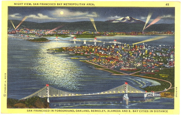 Night View, San Francisco Bay Metropolitan Area, San Francisco in foreground, Oakland, Berkeley, Alameda and E. Bay Cities in Distance - Carey's Emporium