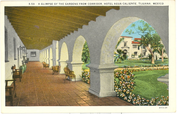 A Glimpse of the Gardens from Corridor, Hotel Agua Caliente, Tijuana, Mexico - Carey's Emporium