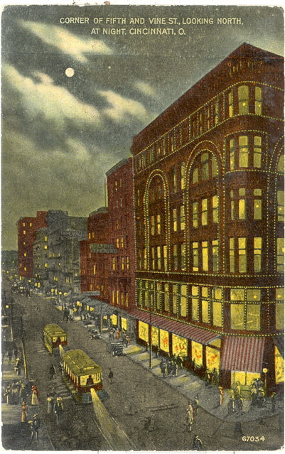 Corner of Fifth and Vine St., Looking North, at Night, Cincinnati, OH - Carey's Emporium