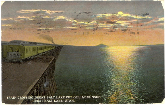 Train Crossing Great Salt Lake Cut Off, At Sunset, Great Salt Lake, UT - Carey's Emporium