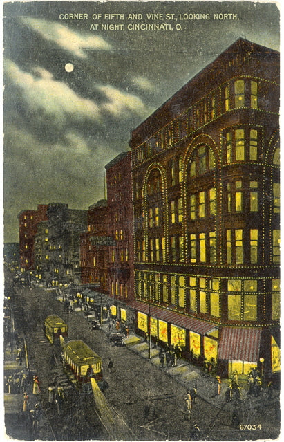 Corner of Fifth and Vine St., Looking North, at Night, Cincinnati, OH - Carey's Emporium