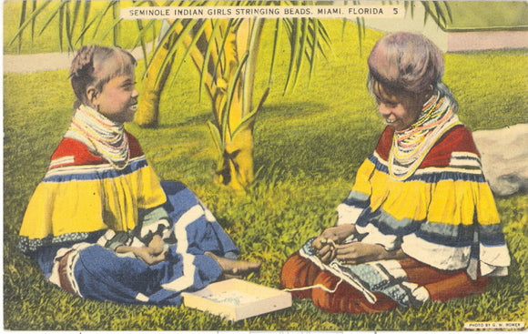 Seminole Indian Girls Stringing Beads, Miami, FL - Carey's Emporium