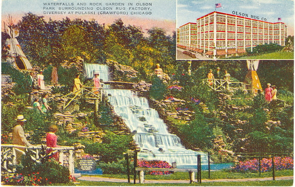 Waterfalls and Rock Garden in Olson Park, Surrounding Olson Rug Company Factory, Crawford and Diversey Aves., Chicago, IL - Carey's Emporium