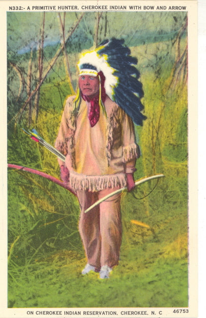 A Primitive Hunter, Cherokee Indian with Bow and Arrow, on Cherokee Indian Reservation, Cherokee, NC - Carey's Emporium