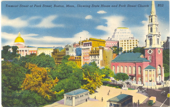 Tremont Street at Park Street, Showing State House and Park Street Church, Boston, MA - Carey's Emporium