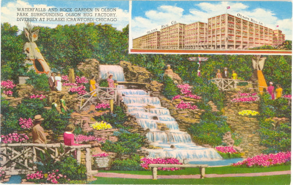 Waterfalls and Rock Garden in Olson Park, Surrounding Olson Rug Company Factory, Crawford and Diversey Aves., Chicago, IL - Carey's Emporium