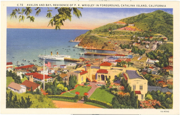 Avalon and Bay, Residence of P.K. Wrigley in Foreground, Catalina Island, CA - Carey's Emporium