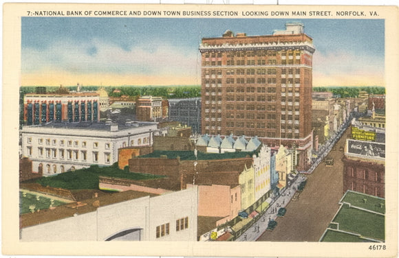 National Bank of Commerce and Down Town Business Section Looking Down Main Street, Norfolk, VA - Carey's Emporium