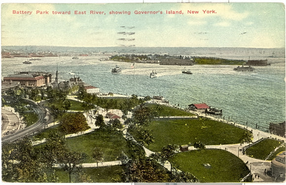 Battery Park Toward East River, Showing Governor's Island, New York, NY - Carey's Emporium