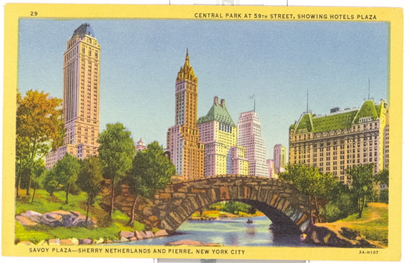 Central Park at 59th Street, Showing Hotels Plaza, Savoy Plaza, Sherry Netherlands and Pierre, New York City, NY - Carey's Emporium