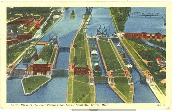 Aerial View of the Four Famous Soo Locks, Sault Ste. Marie, MI - Carey's Emporium