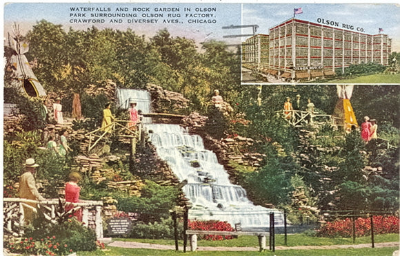 Waterfalls and Rock Garden in Olson Park, Surrounding Olson Rug Company Factory, Crawford and Diversey Aves., Chicago, IL - Carey's Emporium