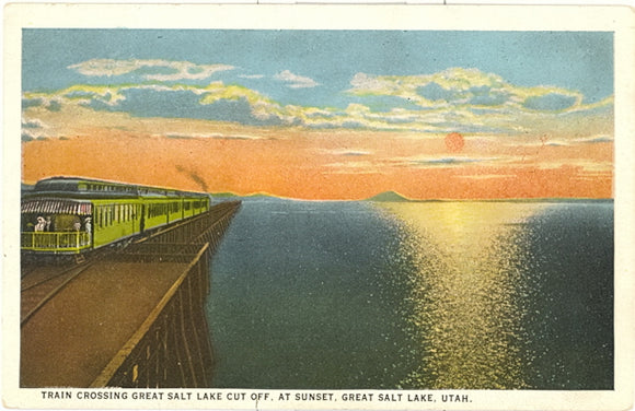 Train Crossing Great Salt Lake Cut Off, At Sunset, Great Salt Lake, UT - Carey's Emporium