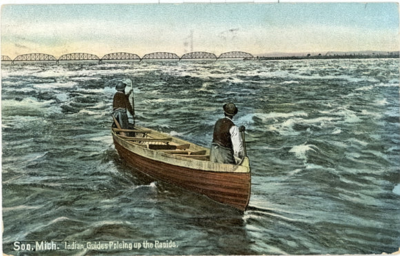 Indian Guides Poleing up the Rapids, Sault Ste. Marie, MI - Carey's Emporium
