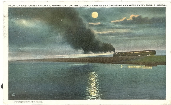 Florida East Coast Railway, Moonlight on the Ocean, Train at Sea Crossing Key West Extension, FL - Carey's Emporium