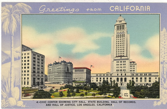 Civic Center Showing City Hall, State Building, Hall of Records, and Hall of Justice, Los Angeles, CA - Carey's Emporium