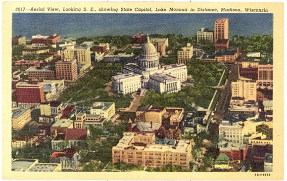 Aerial View, Looking S. E. Showing State Capitol, Lake Monona in Distance, Madison, WI - Carey's Emporium