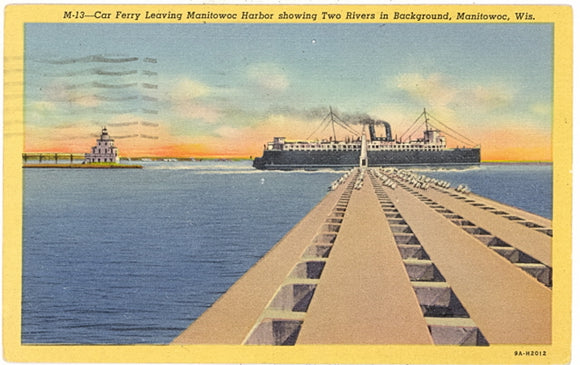 Car Ferry Leaving Manitowoc Harbor showing Two Rivers in Background, Manitowoc, WI - Carey's Emporium