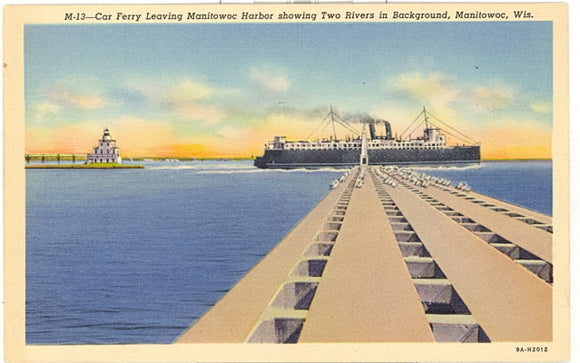 Car Ferry Leaving Manitowoc Harbor showing Two Rivers in Background, Manitowoc, WI - Carey's Emporium