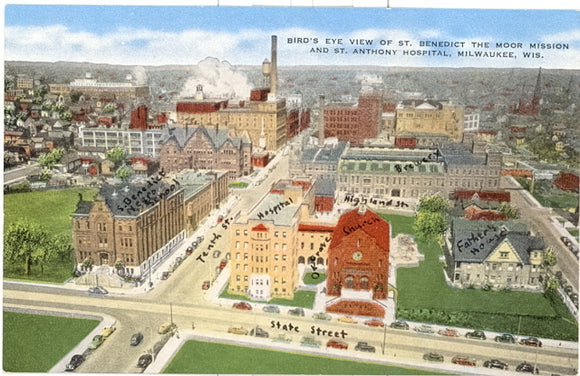 Bird's Eye View of St. Benedict the Moor Mission and St. Anthony Hospital. Milwaukee, WI - Carey's Emporium