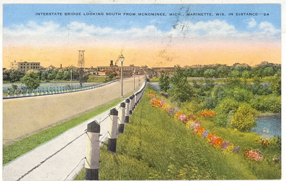 Interstate Bridge Looking South from Menominee, Mich., Marinette, WI in Distance - Carey's Emporium