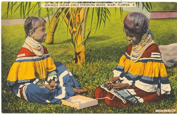 Seminole Indian Girls Stringing Beads, Miami, FL - Carey's Emporium