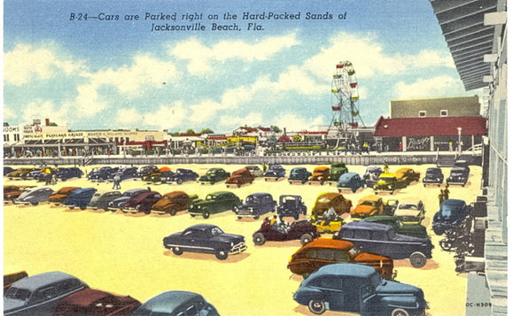 Cars Are Parked Right On The Hard-Packed Sands, Jacksonville Beach, FL - Carey's Emporium