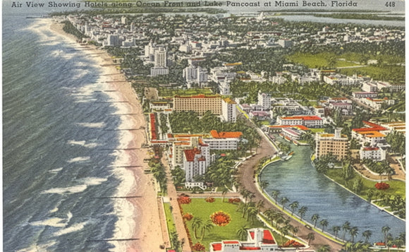 Air View Showing Hotels along Ocean Front and Lake Pancoast at Miami Beach, FL - Carey's Emporium