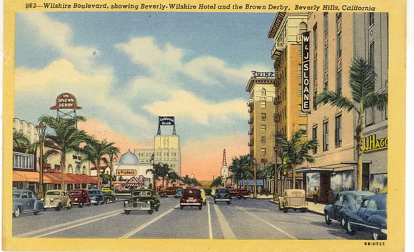 Wilshire Boulevard, Showing Beverly-Wilshire Hotel and the Brown Derby, Beverly Hills, CA - Carey's Emporium