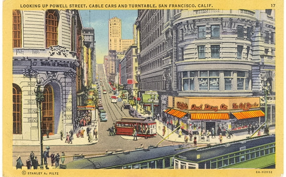 Looking Up Powell Street, Cable Cars and Turntable, San Francisco, CA - Carey's Emporium