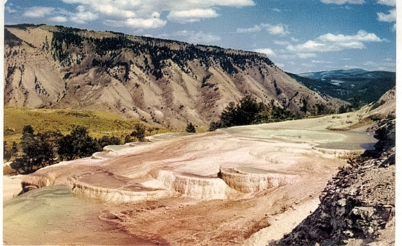 The Terraces, Brightly Colored Formations Of Calcium carbonate, and Mt. Everts at Mammoth, Yellowstone Park - Carey's Emporium