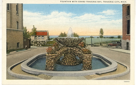 Fountain with Grand Traverse Bay, Traverse City, MI - Carey's Emporium