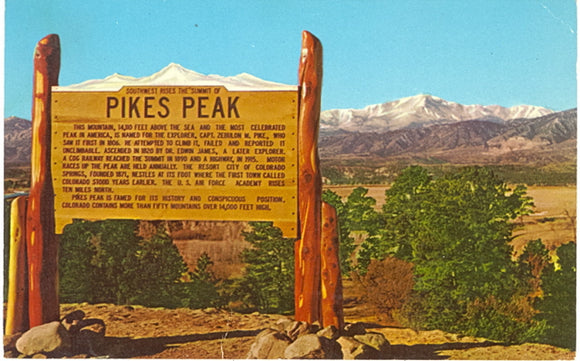 Pikes Peak Marker on Highway U.S. 85 and 87, North of Colorado Springs, CO - Carey's Emporium