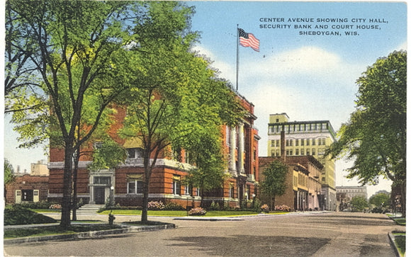 Center Avenue Showing City Hall, Security Bank and Court House, Sheboygan, WI - Carey's Emporium