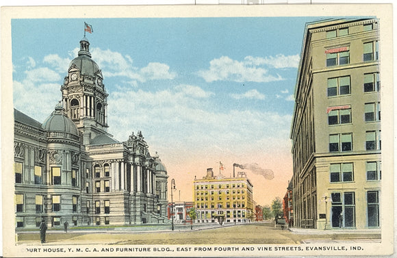 Court House, Y. M. C. A. and Furniture Bldg., East from Fourth and Vine Streets, Evansville, IN - Carey's Emporium