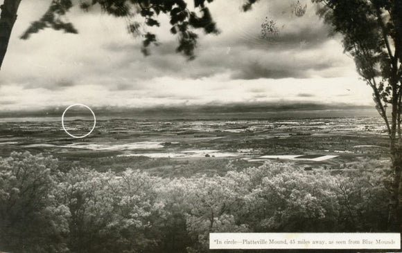 In circle, Plattville Mound, 45 miles away, as seen from Blue Mounds, Platteville, WI - Carey's Emporium