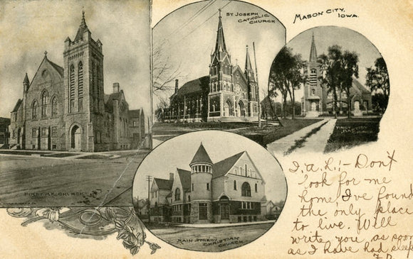 First M. E. Church, Main Street Christian Church, St. Joseph Catholic Church, First Baptist Church, Mason City, IA - Carey's Emporium