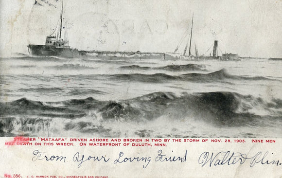 Steamer Mataafa Driven Ashore and Broken in Two by the Storm of Nov. 28, 1905, On Waterfront of Duluth, MN - Carey's Emporium