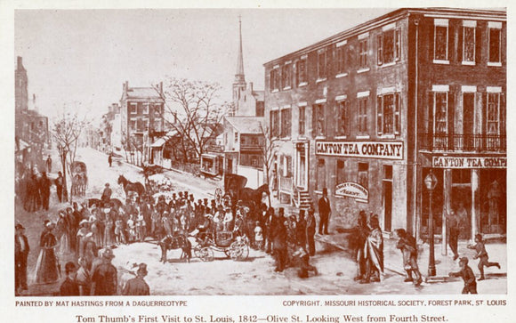 Tom Thumb's First Visit to St. Louis, 1842, Olive St. Looking West from Fourth Street, St. Louis, MO - Carey's Emporium