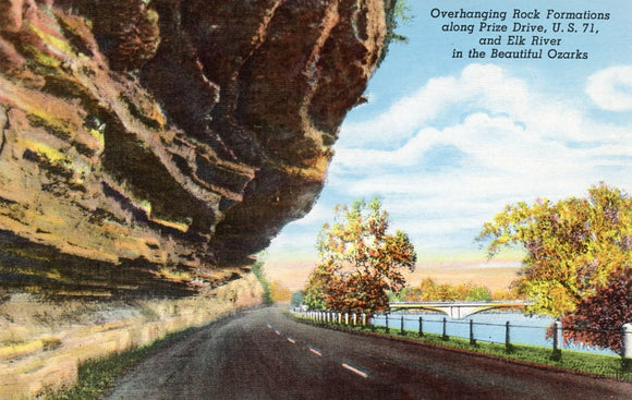 Overhanging Rock Formations along Prize Drive, U. S. 71, and Elk River in the Beautiful Ozarks, MO - Carey's Emporium
