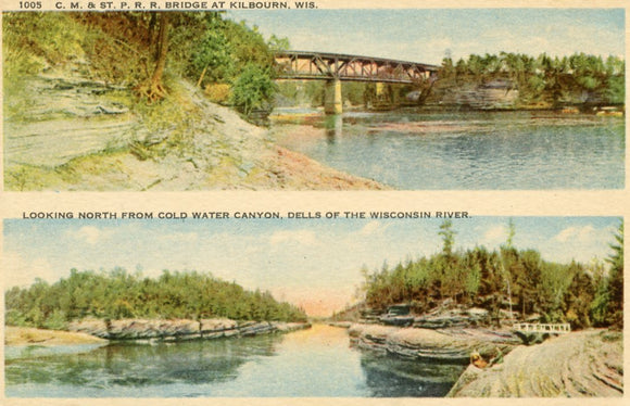 C. M. and St. P. R. R. Bridge at Kilbourn, Looking North from Cold Water Canyon, Dells of the Wisconsin River, WI - Carey's Emporium