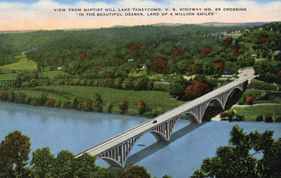 View from Baptist Hill Lake Taneycomo, U.S. Highway No. 65 Crossing, Ozarks, MO - Carey's Emporium
